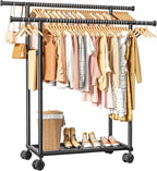 Sakugi Double Rods Clothes Rack - Metal Clothing Rack with Fixed Double Rods, Rolling Wheels & Built-In Shelf for Closet, Bedroom, Laundry Storage (39" x 17" x 60", Black)
