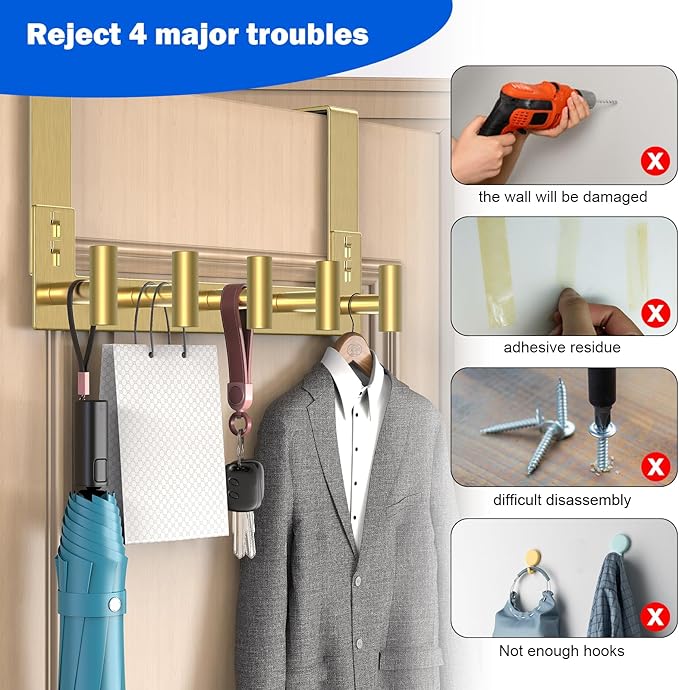 PMMASTO Over The Door Hooks, Fits 1-3/4" Thick Door No Drill Hooks for Closet Bathroom Bedroom Organization, Hanger for Coat Towel Robe (Gold, 5 T-Hooks)