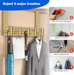 PMMASTO Over The Door Hooks, Fits 1-3/4" Thick Door No Drill Hooks for Closet Bathroom Bedroom Organization, Hanger for Coat Towel Robe (Gold, 5 T-Hooks)