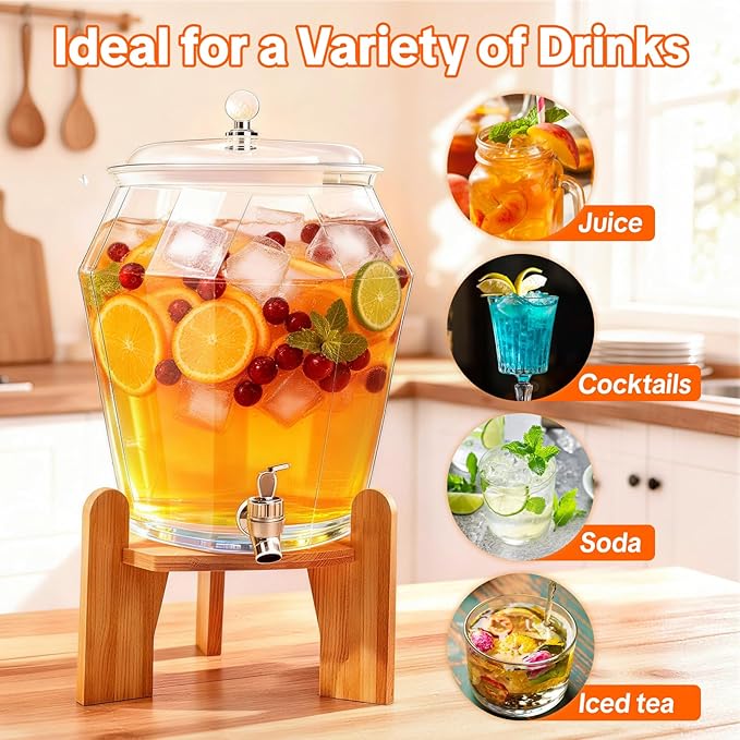 2 PCS Drink Dispenser Set, 2.5 Gallon Total Capacity (7L & 2.6L) - Shatterproof Plastic Beverage Containers with Wood Stand, Leak-Proof Spigot for Juice, Tea, Lemonade & Mimosa Bar Hosting