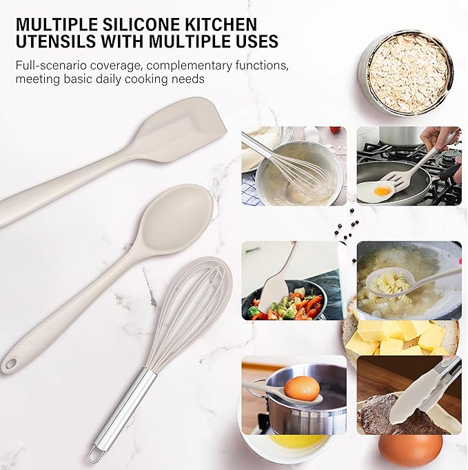 HaWare 11 PCS Silicone Cooking Utensils Set, Heat Resistant Kitchen Utensils with Holder, Food-grade Spatula Sets for Nonstick Cookware, Kitchen Tools Gadgets Include Fish Turner, Spoon (Khaki)
