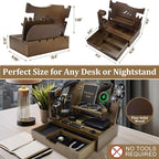 Nightstand Organizer for Men with Large Drawer, Wood Phone Docking Station for Phone, Apple Watch, Wallet & Keys, Ideal Birthday Gift for Father Husband, Bedside Desk Organizer (Brown)