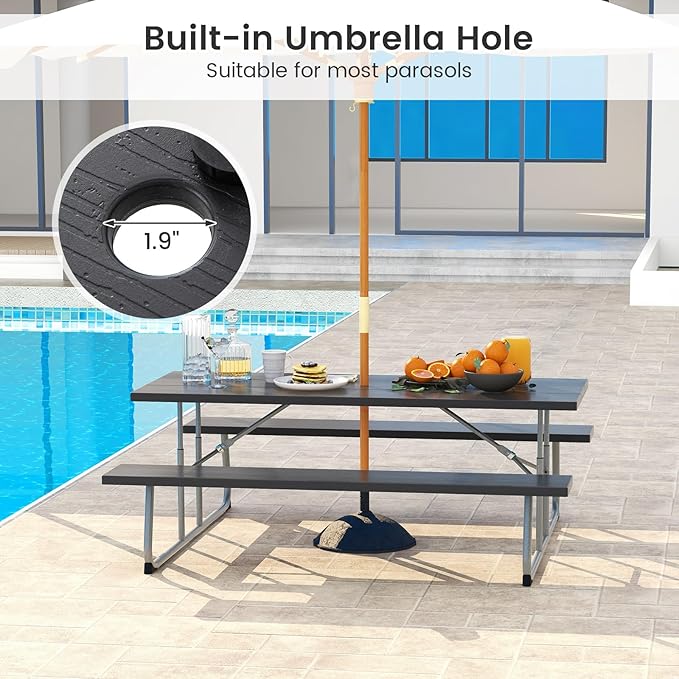 Giantex Folding Picnic Table - 6 FT Outdoor Table Bench Set for 8 Persons w/All-Weather HDPE Tabletop, Metal Leg, Umbrella Hole, Large Outside Dining Table for Patio Garden Yard Poolside (Black)