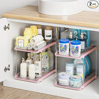 Delamu 2-Tier Multi-Purpose Bathroom Under Sink Organizers and Storage, Stackable Kitchen Pantry Organization, Pull Out Medicine Cabinet Organizer with Movable Dividers, Pink, 2 Pack