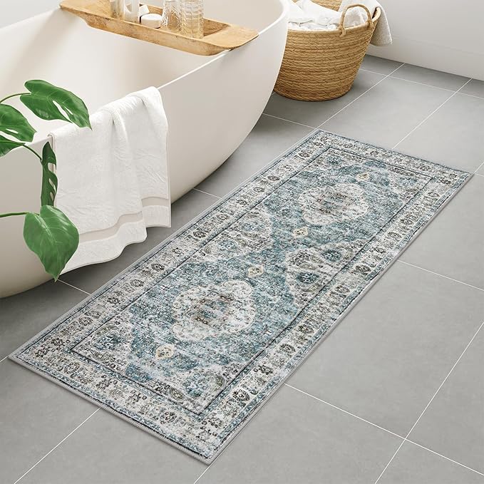 Uphome Bathroom Runner Rug, Distressed Tribal Farmhouse Blue Bathroom Mat, Long Bathroom Rugs Non Slip Washable, Oriental Retro Boho Bath Mat Runner for Bathtub Sink Hallway, 24x59 inch