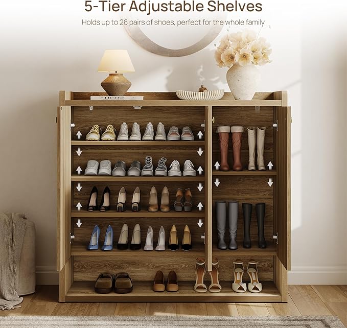 SICOTAS Shoe Storage Cabinet for Entryway, 47.6" Wide 6-Tier Extra Large with 3 Doors, Holds up to 30 Pairs, Adjustable Shelves Shoes Rack Organizer for Hallway, Brown Oak