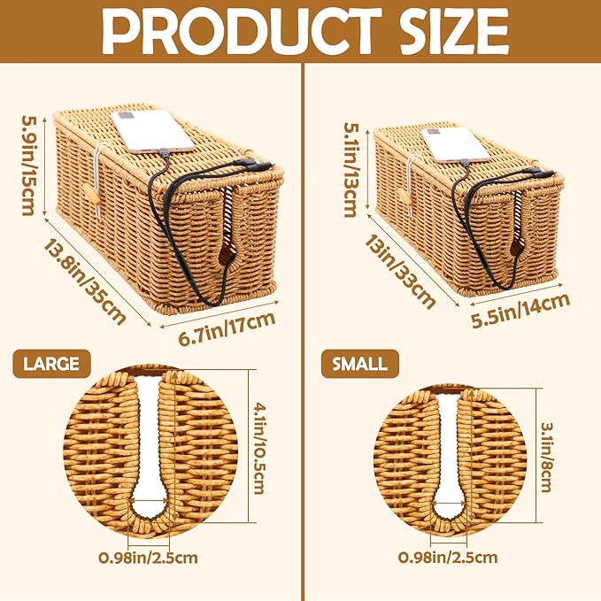2PCS Cable Management Box, Handmade Rattan Cable Organizer, Open Slots Cords Hider Box Cord Basket Under Desk Cord Organizer for Computer Router USB Hub & Power Strip