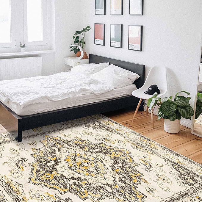 Bohemian Pattern Rectangular Area Rugs for Living Room Bedroom 5 x 6.9 ft Brown & Yellow Abstract Non-Shedding Soft Low Pile Rug Non Slip Washable Rug for Nursery Entryway Playroom