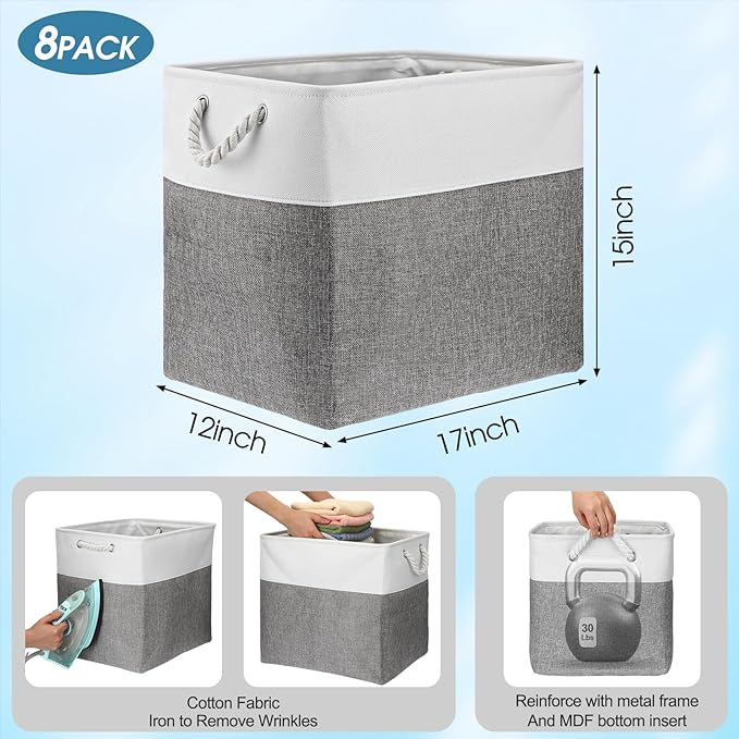 meekoo 8 Pack Collapsible Storage Bins Fabric Storage Bins Polyester Fabric Baskets with Handles Linen Closet Organizer for Shelf Home Closet Towels Toys(17 x 12 x 15 in,Gray White)