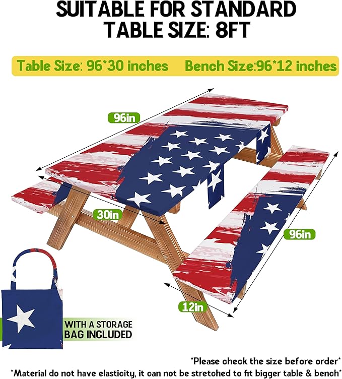 Picnic Table Cover with Bench Covers Waterproof Rectangle Tablecloth Camping Essentials Supplies Rv Travel Must Haves Gear Accessories Fitted Table Cloth Outdoor Road Trip Camper Gifts American Flag