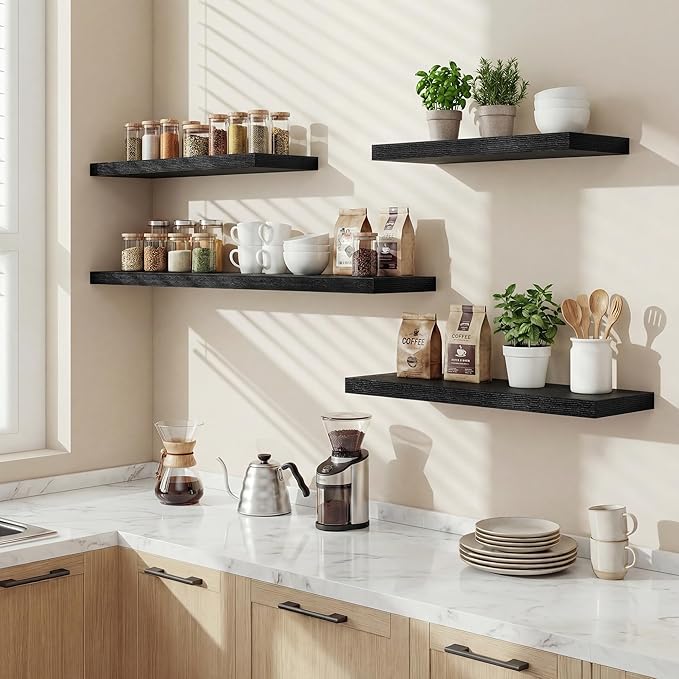 Acovy Floating Shelves for Wall 9 Inch,9.3" Deep Square Floating Shelf Set of 3,Wall Shelves Hanging Shelf with Invisible Brackets,Wall Mounted Shelf for Kitchen Living Room Bedroom Bathroom,Black