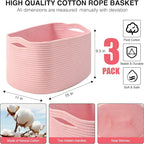 ICERZCZ Storage Baskets for Organizing Shelves, Pink Basket for Nursery, Woven Cotton Rope Baskets for Storage, Towel Basket for Bathroom, 15"x11"x9.5", 3 Packs, Light Pink