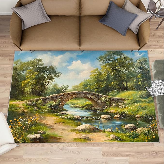 Forest Rugs for Bedroom - 5x6 Area Rug - Stone Bridge Stream Rugs for Living Room, Retro Country Style Rug, Non-Slip Washable Home Decor Carpet