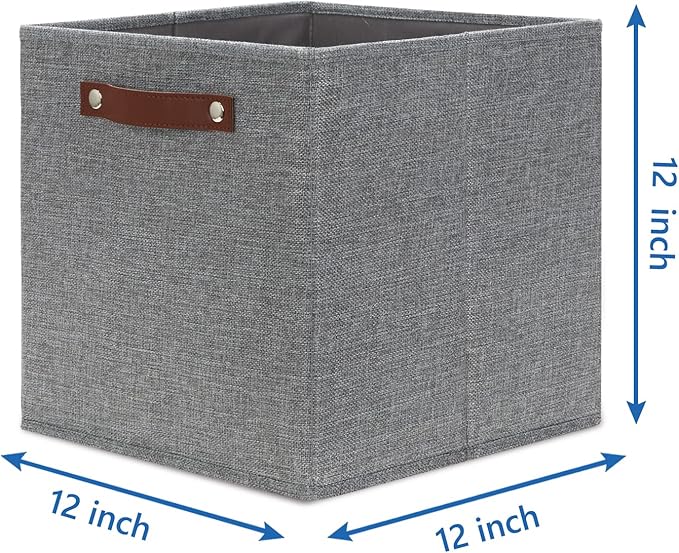Temary 12x12 Storage Cube Bins 4 Pack Fabric Storage Cubes Storage Bins with Leather Handles, Storage Baskets Foldable Cube Organizers Bins for Home (Grey)