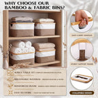 Hushee 4 Pack Bamboo Fabric Storage Bins for Shelves, 15"x10"x7.9" Collapsible Storage Baskets for Organizing, Two-Tone Foldable Bins for Clothes, Towels, Linens(White with Brown)