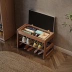 AQIMUELE Shoe Rack Bench,2 Tiers Shoe Bench with Storage with Flip-Top,Wood Shoe Rack for Entryway,Hallway（Walnut Upholstered Seat,11.8" D x 23.62" W x 15.7" H）