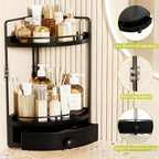 2-Tier Corner Bathroom Countertop Organizer with Drawer, Wooden Vanity Organizers for Makeup and Skincare Storage, Corner Counter Shelf with Embedded Screw Holes, Black