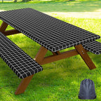 Smiry Picnic Table Cover with Bench Covers, Waterproof Elastic Fitted Tablecloth for 5 Foot Tables, Washable Polyester Tablecloths for Camping, Indoor & Outdoor (Black & White, 30x60 Inch 3-pc Set)
