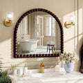 31"×32" Brown Arched Bathroom Vanity Mirror, Vintage Beaded Decorative Wall Mounted Makeup Mirror, as Wall Decor Hanging Leaning for Fireplace Mantle, Living Room, Bedroom, Vanity Area