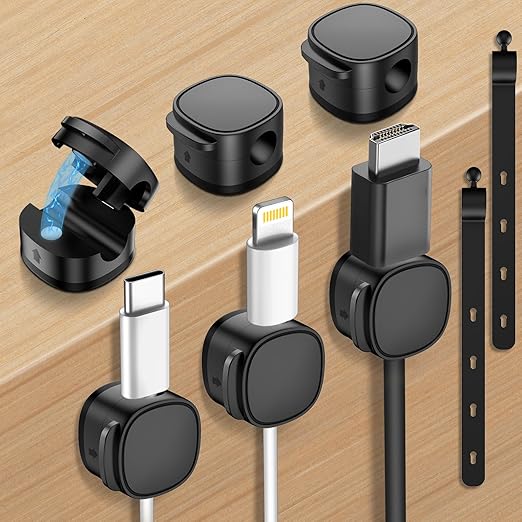 MOZOTER 6 Pack,Magnetic Cable Clips & Silicon Cable Ties,Cord Holder[Cable Smooth Adjustable Desk Organizer],Under Desk Cable Management,Adhesive Home Office Wire Holder Keeper Wire Sets-Black