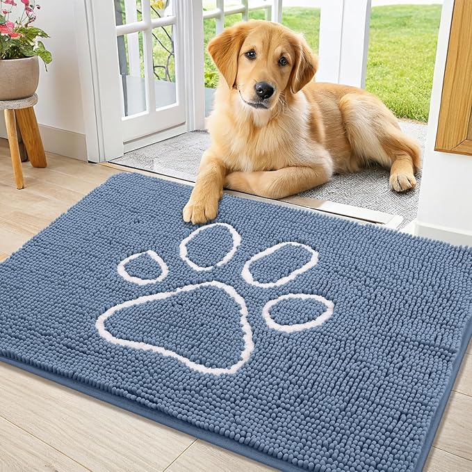 Smiry Dog Door Mat for Muddy Paws, Absorbent Dirt Trapper Non Slip Quick Dry Washable Chenille Mat for Mud Dogs, Entry Rug for Indoor and Outdoor (36x24 Inches, Airy Blue and White)