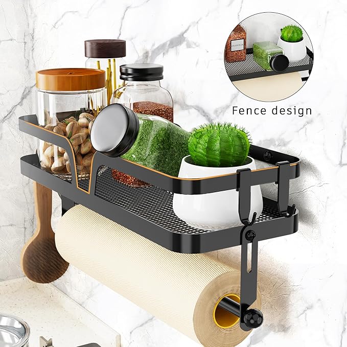 Taozun Paper Towel Holder with Shelf, Kitchen Paper Holder Spice Rack Black Paper Towel Roll Holder RV Paper Towel Rack with 4 Hooks(2 Installation Methods - Self-Adhesive and Drilling)