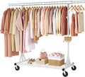 FAVOOSTY Heavy Duty Clothes Rack for Hanging Clothes, Rolling & Extending Clothing Rack with Wheels, Garment Coat Rack Freestanding, Portable Clothes Rack, White