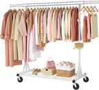 FAVOOSTY Heavy Duty Clothes Rack for Hanging Clothes, Rolling & Extending Clothing Rack with Wheels, Garment Coat Rack Freestanding, Portable Clothes Rack, White