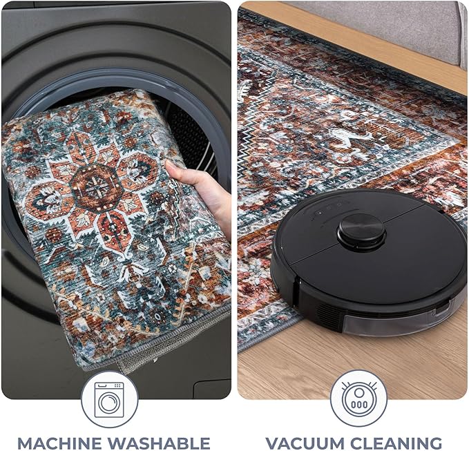 KOZYFLY Runners for Hallways 2x5 Ft Washable Kitchen Runner Rug Boho Runner Rug for Entryway Indoor Printed Oriental Faux Wool Floor Carpet Runner for Laundry Room Kitchen Hall, Brick Red/Orange/Green