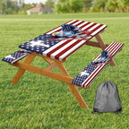 American Flag Picnic Table Cover with Bench Covers, USA Flag Art Eagle Camping Essentials Waterproof Table Cloth Fitted for Table Rectangle and Seats,Outdoor Table Covers with Elastic Windproof Edges