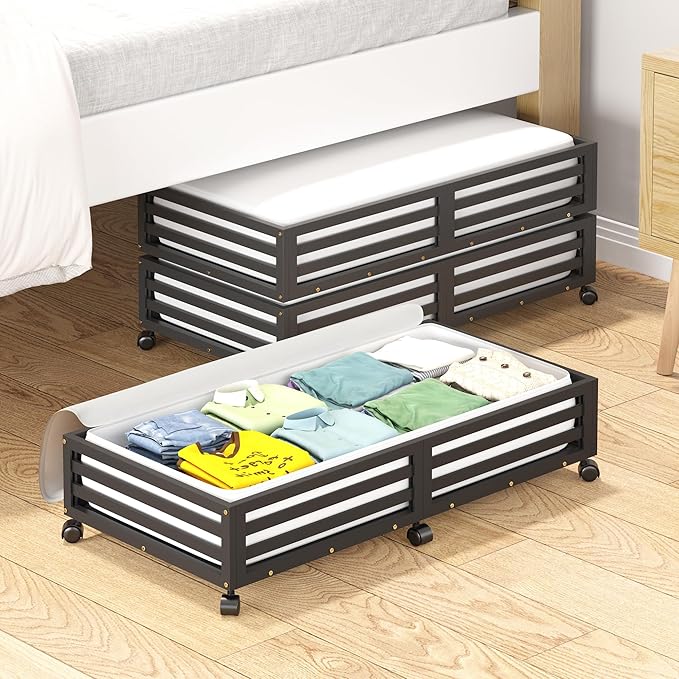 Bamboo Under Bed Storage Containers- Underbed Organizer with Wheels with Large Capacity Dust Bag,Sturdy Wood Rolling Under Bed Shoe Storage Organizer 2 Packs (Black, 2 Packs (33.07"×16.54"))