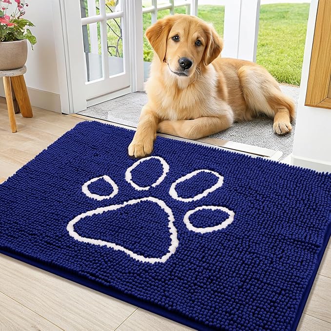 Smiry Dog Door Mat for Muddy Paws, Absorbent Dirt Trapper Non Slip Quick Dry Washable Chenille Mat for Mud Dogs, Entry Rug for Indoor and Outdoor (36x24 Inches, Navy Blue and White)