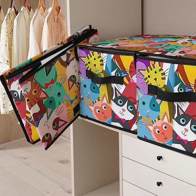 Stackable Clothes Storage Bins with Lids,Closet Organizers Fabric Cat Printing Box for Home and Office,Blanket Clothes Organizers,Under Bed Storage Containers 3 Pack.