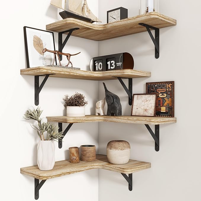 Venusmiles Corner Floating Shelves Set of 4, Wall Mounted L-Shaped Storage - Maximize Unused Corner Space in Bathroom, Kitchen, Bedroom, Office, Light Carbonized
