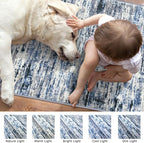 Modern Abstract Runner Rug 3x8, Grey Blue White, Washable Kitchen Runner Non-Slip Soft Hallway Rug Thin Print Faux Wool Carpet for Entryway Bedroom Laundry Room Indoor Home Office Decor