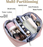 BOYATU Travel Makeup Bags Cosmetic Organizer Bag: 3-Set Large Capacity Make up Bag - PU Leather Toiletry Bags for Women - Wide Open Portable Pouch with Divider & Handle (A-Light Pink)