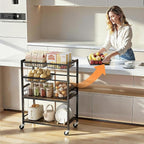 Fruit Vegetable Storage Cart, 4-Tier Rolling Kitchen Storage Cart, Fruit & Vegetables Basket Stand, Snack Organizer Shelf Unit for Kitchen, Bathroom, Living Room, Office, Balcony, Black