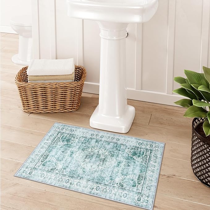 Uphome Boho Bathroom Rugs, Distressed Farmhouse Sage Green Bath Mat, Comfy Velvet Small Bath Rugs Non Slip Washable, Vintage Oriental Toilet Rug for Sink Shower Vanity, 18x26 inch