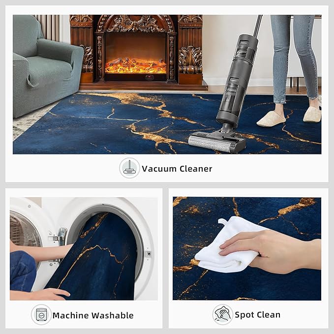 4x6 Abstract Marble Cafe Rug - Dark-Blue-Marble Rugs for Bedroom Aesthetic, Luxury Stone Pattern Soft Comfortable Non-Slip for Offie Bedroom Study Boy Girl Room Hotel Dorm