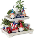 Hanobe Tiered Tray for Table Decor: 2 Tier 4th of July Decorative Tray Stand for Coffee Bar - Summer Farmhouse Rectangle Wood Display for Kitchen Counter, Rustic White