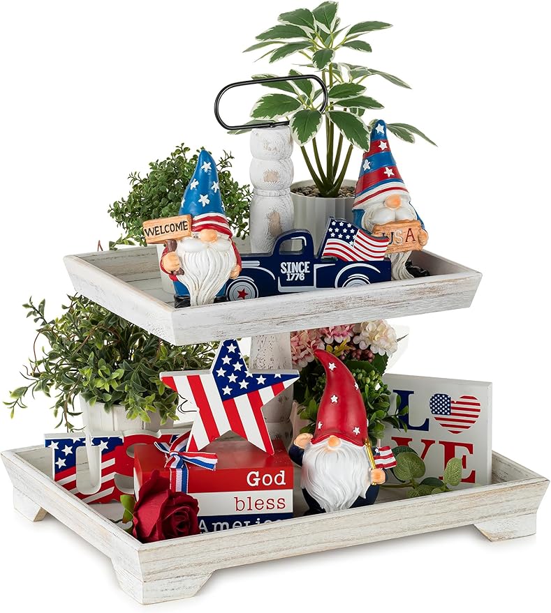 Hanobe Tiered Tray for Table Decor: 2 Tier 4th of July Decorative Tray Stand for Coffee Bar - Summer Farmhouse Rectangle Wood Display for Kitchen Counter, Rustic White