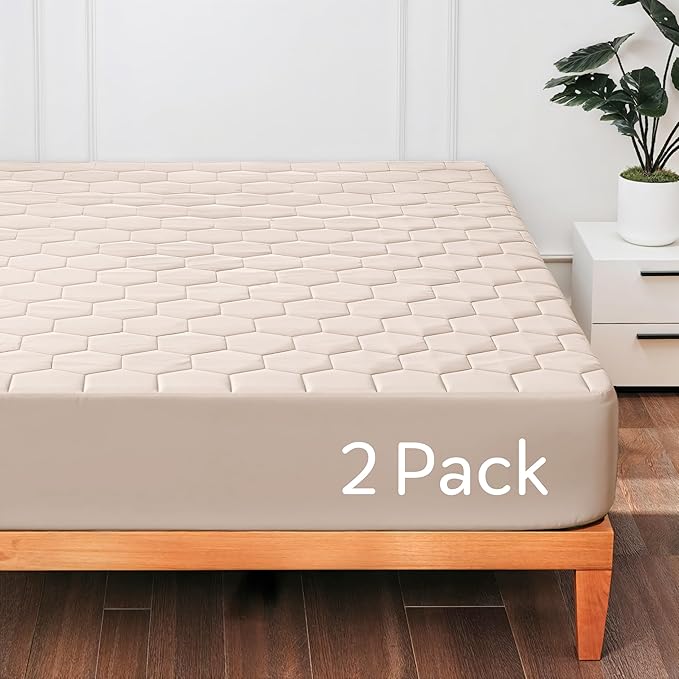 Hearth & Harbor 2 Pack King Size Quilted Fitted Mattress Pad Cover, 100% Waterproof Mattress Protectors, Deep Pocket Fitted Mattress Cover 8" - 21" (78" x 80", Beige Cream)