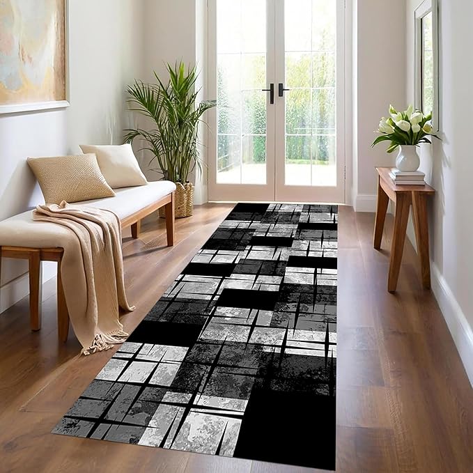 Distressed Checkered Runner Rugs, 2x10ft, Washable Runner Rug with Rubber Backing, Soft Vintage Geometric Black Grey Floor Carpet for Front Door Home Office