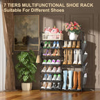 Kottwca 7 Tiers Shoe Rack Metal Shoe Organizer for Entryway Closet, 24-28 Pairs Stackable Shoe and Boots Shelf Storage Cabinet with Hooks and Side Hanging Pockets for Bedroom, Garage, Black