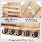Lwenki Key Holder for Wall – Decorative Wooden Mail Holder and Key Shelf with Mounting Hardware, Installation Guide – Paulownia Wood with Metal Key Hooks (Wood, Large - 11.8inch)