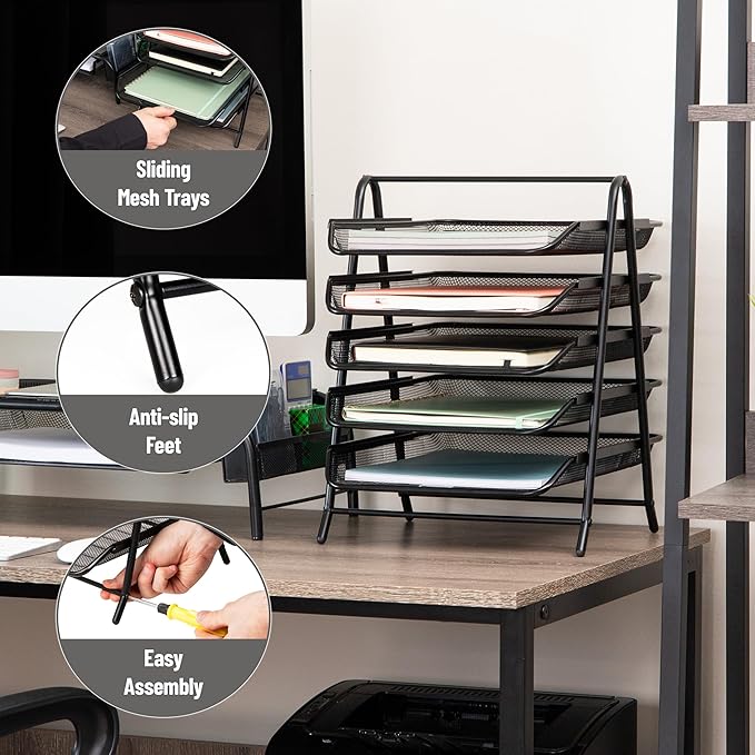 Mind Reader 5-Tier Paper Tray Organizer, Vertical Desktop File Storage Rack, Office, Metal Mesh, Black