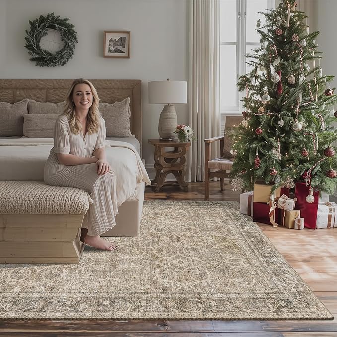 6x9 Washable Rug Vintage Fade Resistant Boho Distressed Non-Slip Indoor Large Carpet Low Pile Lightweight & High-Traffic Safe for Bedroom, Dorm, Playroom - Farmhouse Decor