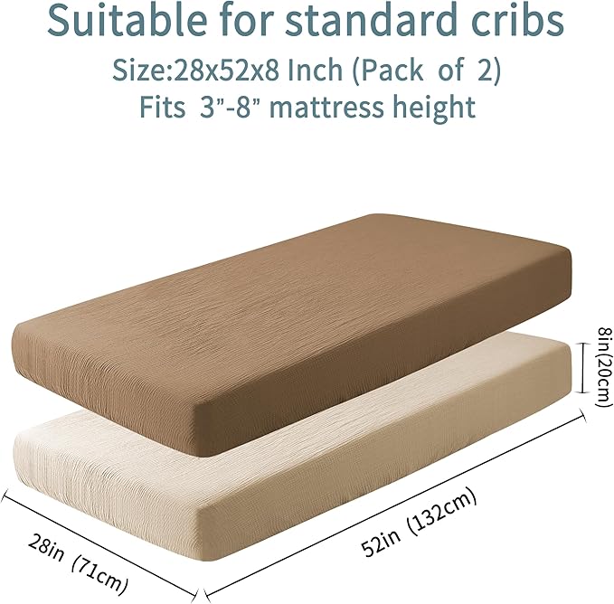Muslin Crib Sheets for Boys Girls 100% Cotton Fitted Baby Crib Sheet 2 Pack Soft and Breathable for Standard Crib Mattress & Toddler Mattress 52x28in (Beige & Coffee)