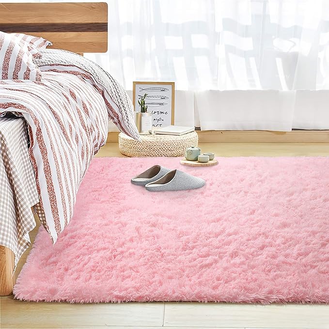 Andecor Soft Fluffy Bedroom Rugs, 4 x 6 Feet Indoor Shaggy Plush Area Rug for Boys Girls Kids Baby College Dorm Living Room Home Decor Floor Carpet, Pink