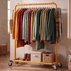 Sywhitta Clothing Rack on Wheels with Storage Shelf & Sturdy Metal Frame, Retail Clothing Rack for Hanging Clothes, Coats,Space-Saving Mobile Organizer for Closet, Bedroom, Laundry Room, Gold Yellow